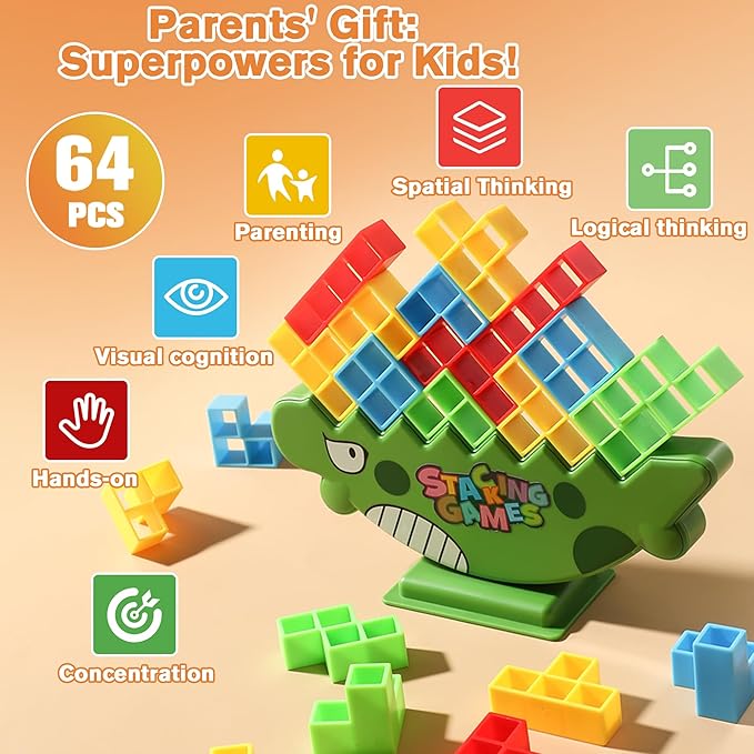 Dinosaur Tower Stack Game, 64PCS Large Smooth Blocks – Vibrant STEM Toy Gift for Kids 3+ & Adults | Stacking Balance Game Builds Focus & Creativity | Ideal for Classroom, Parties & Social Play