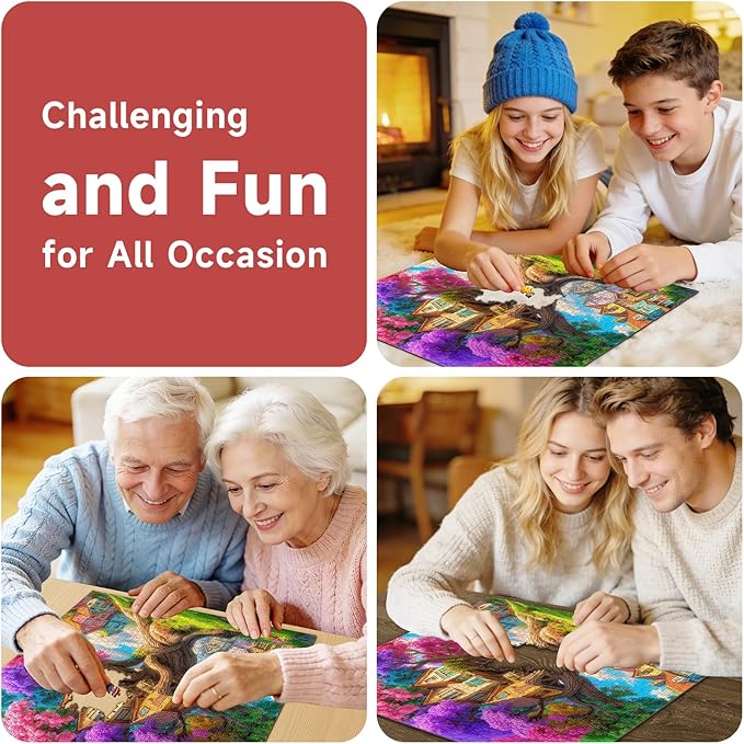 Magical Rainbow Treehouse 1000 Piece Jigsaw Puzzle for Adults - Fantasy Village Scene with Neon Foliage, Poster & Lettered Back, 22.8" Square HD Quality, Unique Gift for Fantasy & Art Lovers