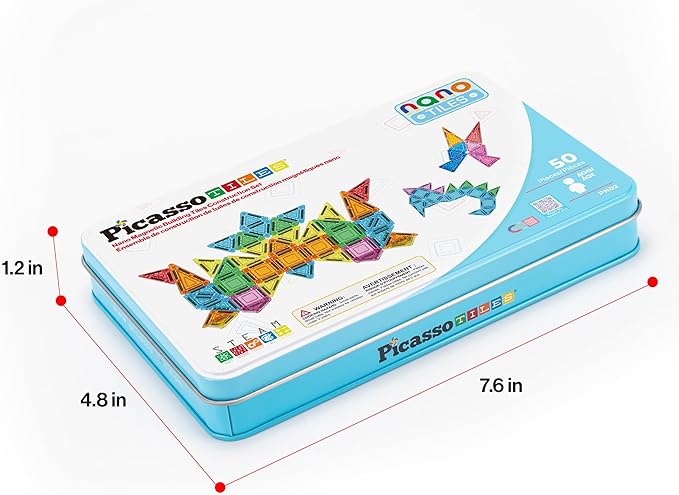 PicassoTiles 50PC Nano Magnetic Tile Travel Toy Construction Building Blocks Playset with Storage Case STEM Montessori Classroom Learning Magnet Tiles Stacking Toys for Toddlers Girls Boys Age 3+ PN02