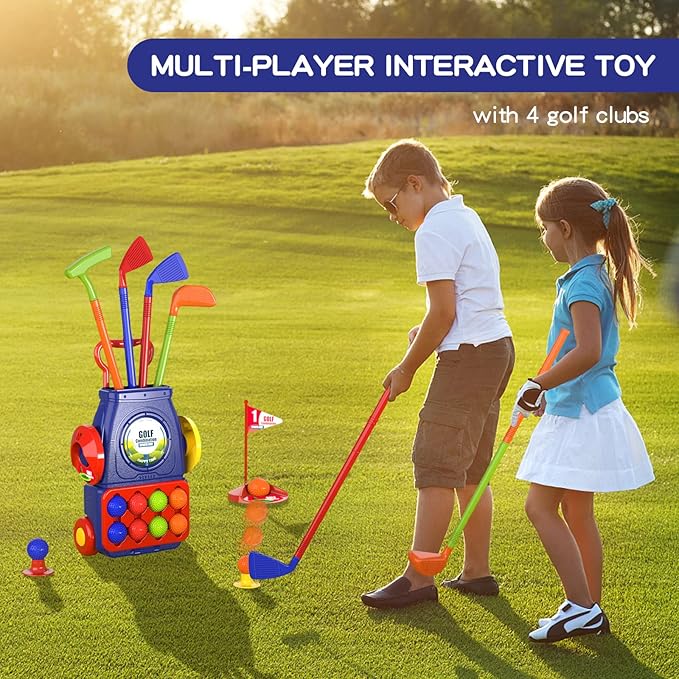 QDRAGON Kids Golf Clubs, 2 in 1 Toddler Golf Set with 8 Balls/Cornhole Board & Putting Mat/Golf Cart with Wheels, Indoor Outdoor Sport Toys Gifts for Boys Girls Ages 3 4 5 6+, Blue