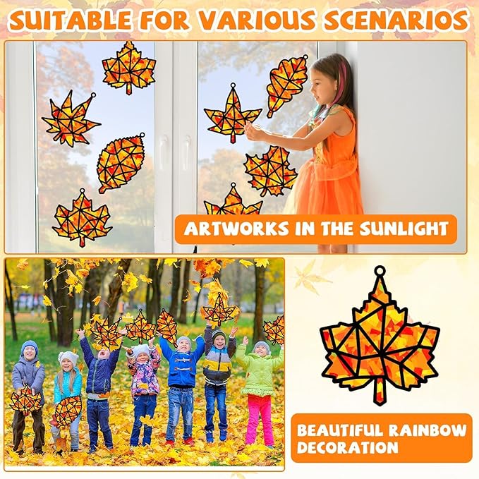 32 Sets Thanksgiving Fall Maple Leaf Suncatchers Craft Kit DIY Window Stained Glass Effect Autumn Maple Leaf Paper Crafts Home School Classroom Decoration Kid Gift Creative Art Project Activity Game