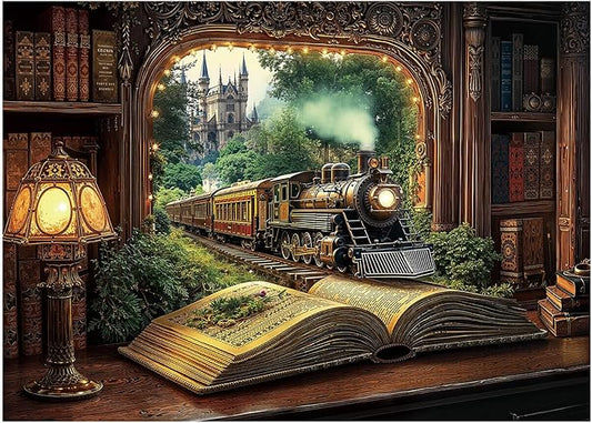 Train Forest Book Puzzle 1000 Pieces for Adults, Magic Vintage Plant Jigsaw Puzzles Castle, Fantasy Bookshelf Nature Tree Puzzles