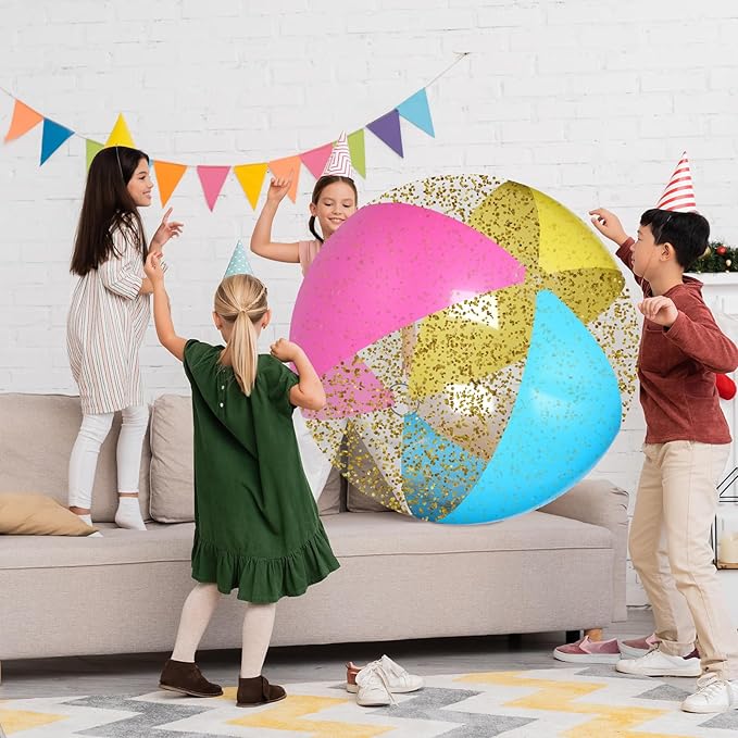 Realspring 2 Pcs 48'' Giant Beach Balls for Swimming Pool 4 Ft Jumbo Glitter Confetti Inflatable PVC Pool Balls Large Summer Blow up Beach Toys for Adults Summer Outdoor Party Favor(Colored)