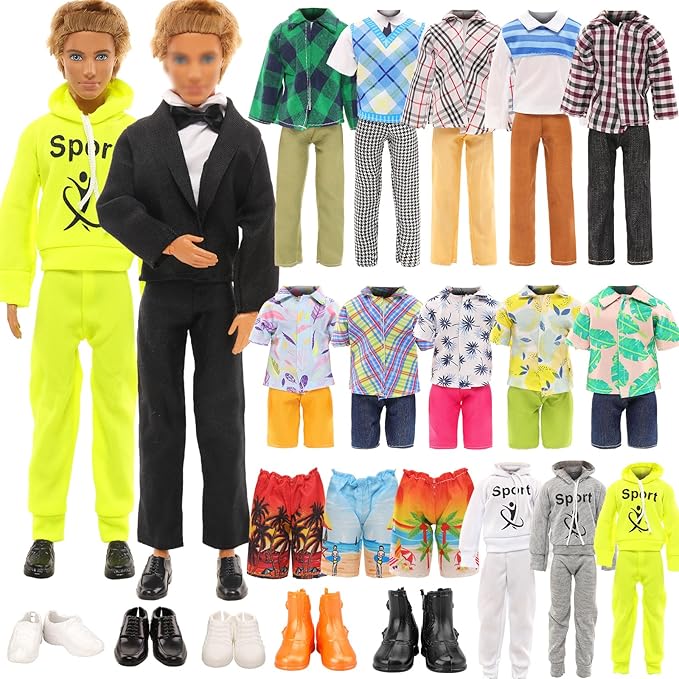 Miunana 10 Pcs Fashion Pack for 12 Inch Boy Dolls - 5 Sets Casual Wear Clothes Outfit with 5 Shoes for boy Doll (Black Suit + Casual Wear Clothes + Tracksuit + Swimwear)
