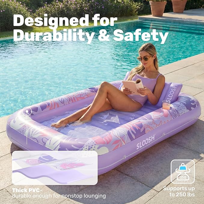 SLOOSH Inflatable Tanning Pool Lounger Float, 70" x 46" Pool Floats Adult with Pillow, 4 in 1 Suntan Tub Raft Floatie,Sunbathing Bed Lounge for Water Blow Up Ball Pit Party Gifts, L-Purple