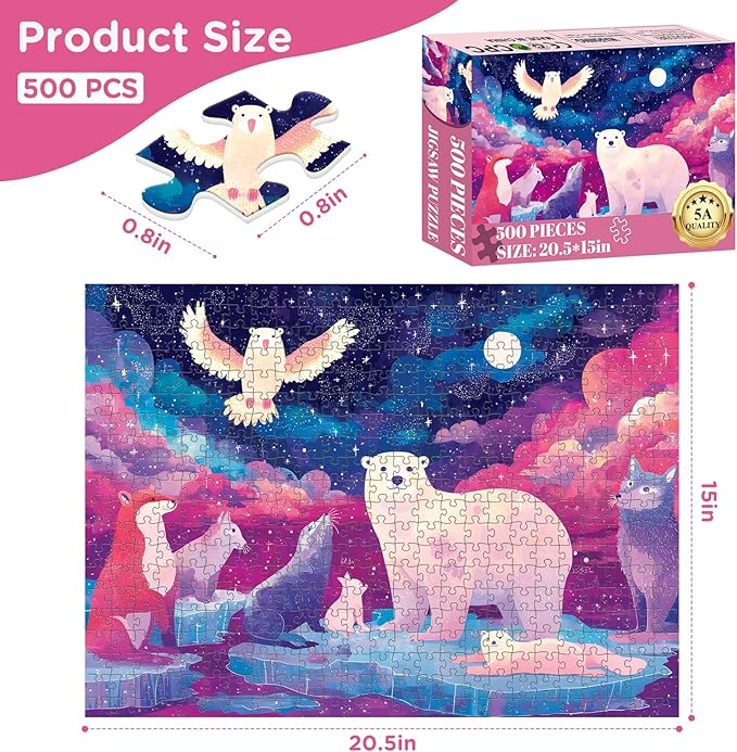 500 Piece Puzzles for Adults, Colorful Owl Jigsaw Puzzle 500 Piece, Polar Bear Interlocking Adult Puzzles, Letter Clues, No Dust, Challenging Game Gift for Adults Seniors, Home Decor, 20.5 x 15 in