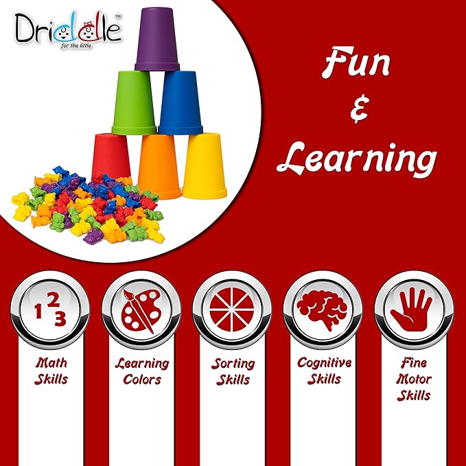 Driddle Colorful Counting Bears with Matching Cups - 60 Bears - Sort, Count & Color Recognition Learning Toy for Toddler & Kids - Montessori Education - Preschool Game