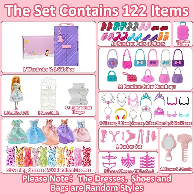 122 Pcs Doll Closet Playset with 11.5 Inch Dolls, Clothes and Accessories, Include Princess Dresses Shoes Bags Hangers Shoe Rack Doll Other Accessories, Dress Up Toys for Girls, Kids, Toddler (Purple)