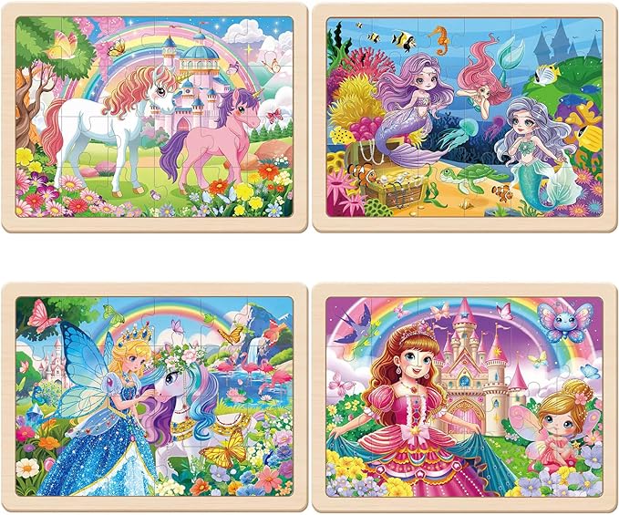 Puzzles for Kids Ages 4-6, 4 Packs 24 Pcs Unicorn Princess Mermaid Wooden Jigsaw Puzzles, Preschool Educational Puzzles Toys Gifts for Girls 3 4 5 6 Years Old