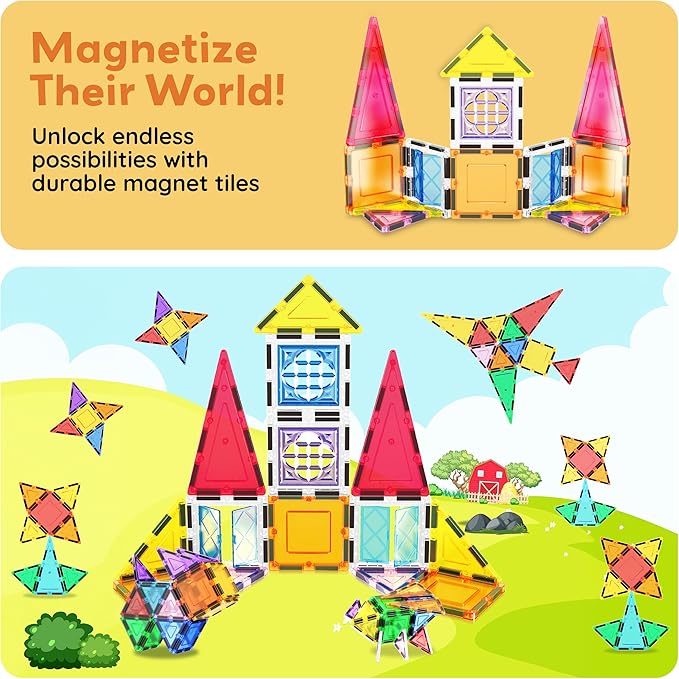 PicassoTiles Magnetic Tiles Magnet Toys Building Blocks Construction Set with 110+ Pages IdeaBook STEM Learning Playset Toddlers Educational Fun Play Kids Boys Girls Sensory Toys Ages 3+ PT03
