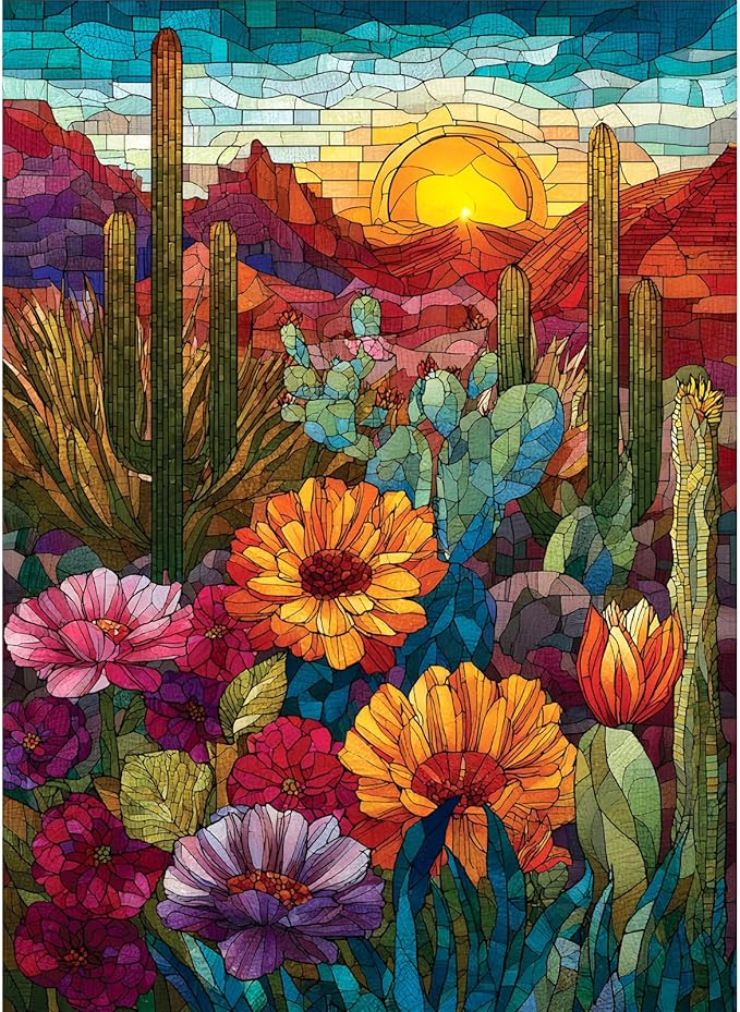500 Piece Puzzles for Adults, Cactus Puzzles 500 Pieces, Stained Glass Puzzle Including Mosaic Art Cactus, Colorful Succulent Puzzles for Plant Lovers, Challenging Game Home Decor, 20.5 x 15 in
