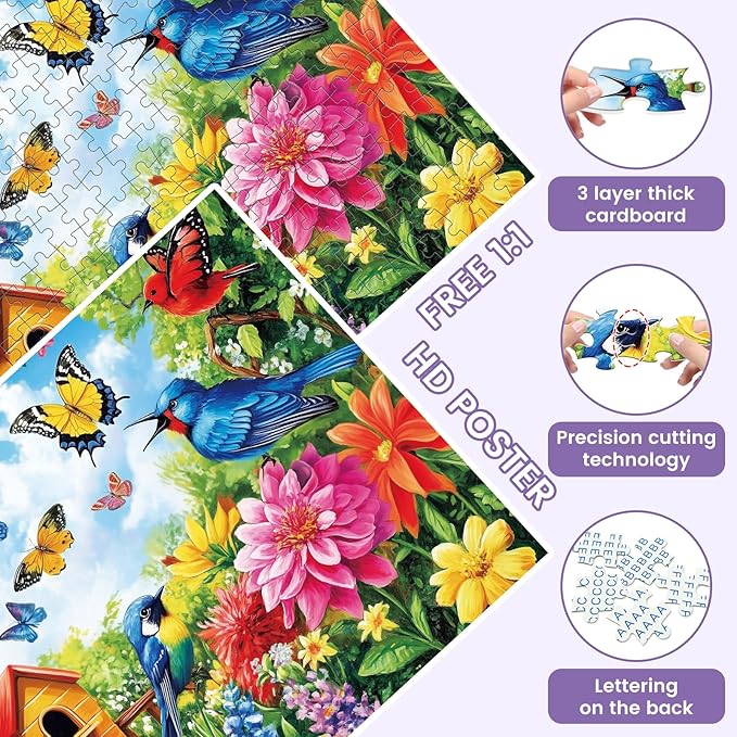 2-Pack 300 Pieces Puzzles for Kids, Farm Dog Puzzles 300 Pieces Spring Flowers Birds Jigsaw Puzzle for Adults, Large Piece Puzzle, Puzzle Toys for Boys and Girls, Family Activity Game Nights Gifts