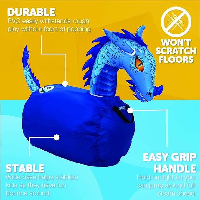 Waddle Hip Hoppers Large Bouncy Hopper Inflatable Hopping Animal Bouncer, Supports Up to 250 Pounds, Ages 5 and Up (Blue Dragon)