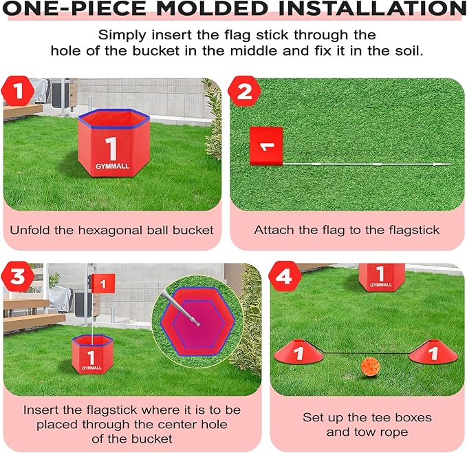 Golf Bucket Yard Game, Backyard Golf Set for Kids, Adults and Family, Outdoor and Indoor Portable 6 Holes Golf Course with Balls, Flags and Carry Bag for Lawn, Park, Beach and Hotel - Red