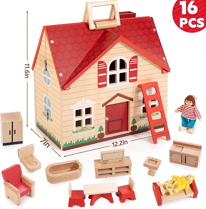 WOODMAM Foldable Wooden Dollhouse with 13PCS Furniture, 4 Rooms and 2 Flexible Dolls, Pretend Play Doll House Set with Portable Handle, Christmas Birthday Gift for Boys Girls Age 3+, Cottage