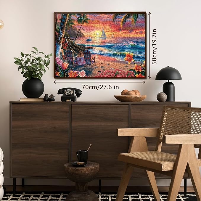 Summer Beach Ocean Puzzle 1000 Piece for Adults, Hawaii Nature Sunset Scenery Jigsaw Puzzle, Outdoor Camping Sailboat Puzzle