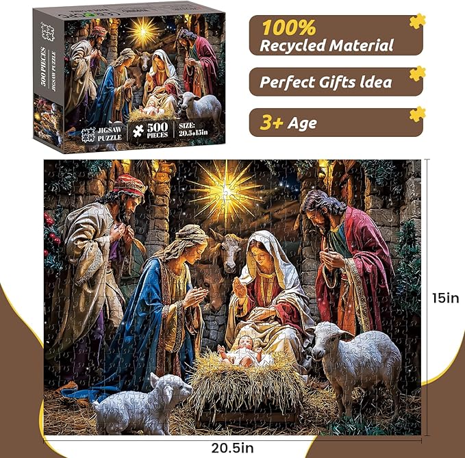 500 Piece Puzzle for Adults,Holiday Christ is Born Puzzles for Adults Elderly,Recycled Cardboard Nativity Puzzles 500 Piece,Challenging Family Game Great Gift for Family Friends,20.5 x 15 in