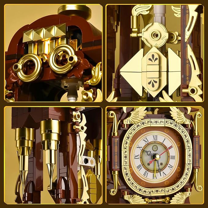 Retro Clock Building Set for Adults, Vintage Pendulum Model with Rotating Gears, Mechanical Building Blocks Toy, Gift for Boys and Girls 8+(879PCS)