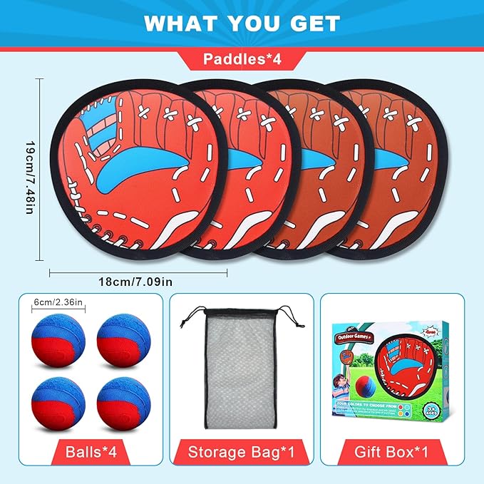 Toss and Catch Ball Game Outdoor Toys for Kids Baseball Pool Yard Outside Game Toys for Boys and Girls, Toddler Baseball Training Glove with 4 Paddles and 4 Balls