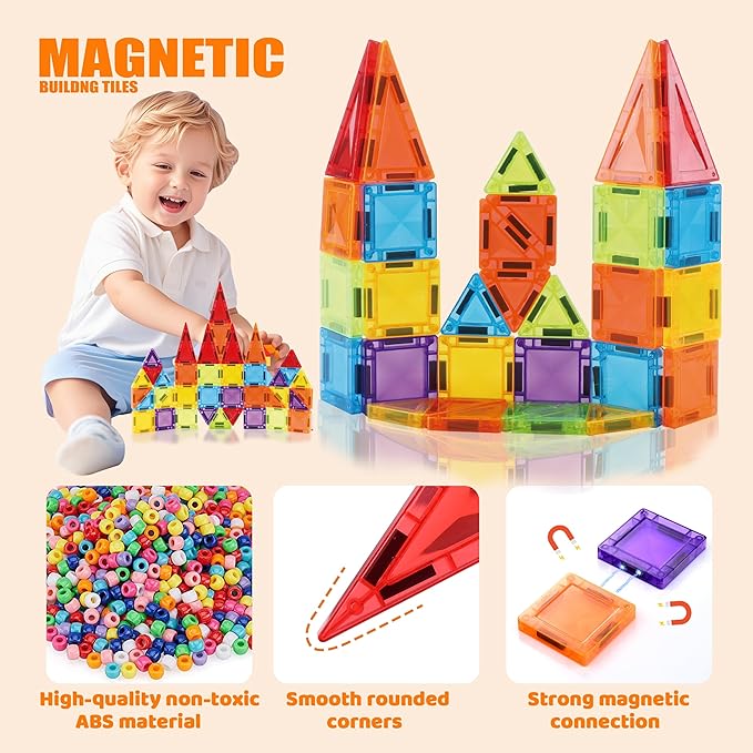 56PCS Mini Magnetic Tiles, Portable Magnetic Toy Travel Set for Kids, Includes Iron Storage Box, Puzzle Toy for Boys and Girls Ages 3+, Creative Building Toy Set, Holiday