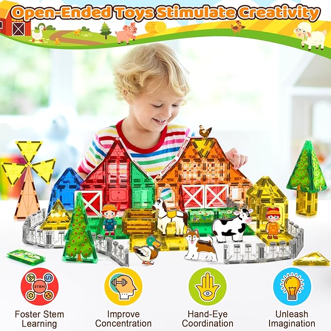 105 PCS Magnetic Tiles with Farm Animals, Magnetic Blocks Building Toys for 3+ Year Old Toddler, Construction STEM Magnet Toys Gift for Kids, Boys and Girls 3 4 5 6 7 8+ Year Old