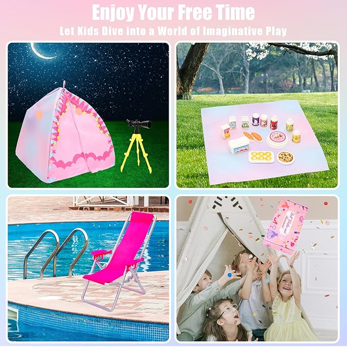 34 PCS Girl Doll Travel Camping Tent Set Includes Clothes, Food, Telescope, Tent, Sleeping Bag, Backpack, Chair, Shoes and Other Camping Accessories for 11.5 Inch Dolls （NO Doll）