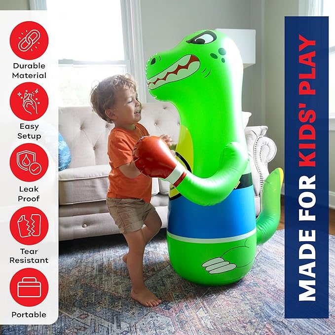 47" Inflatable Dinosaur Punching Bag for Kids - Durable Blow Up Kids Punching Bag with Bounce Back Base - Inflatable Indoor Outdoor Active Toddler Bop Play Toy