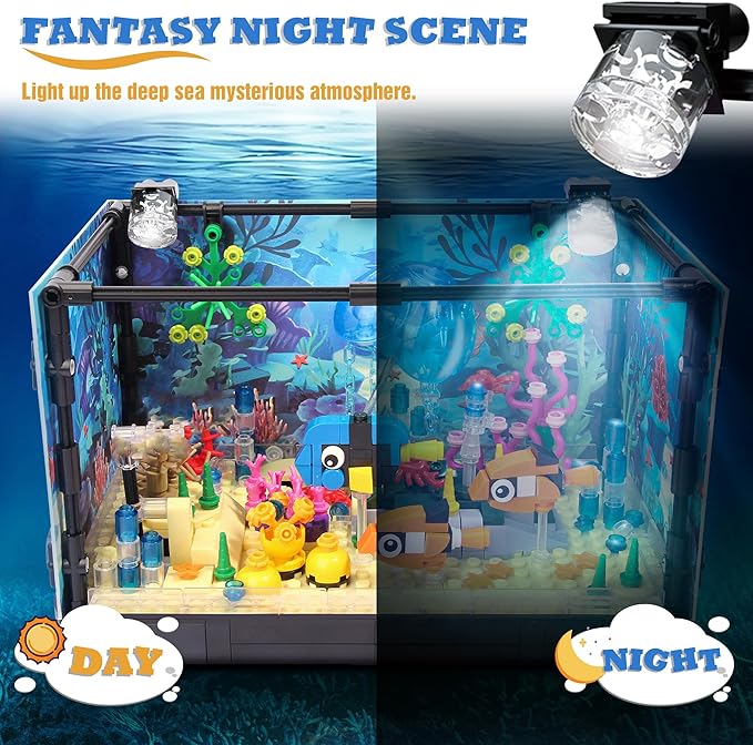 Jorumo Fish Tank Building Block, Lighting Aquarium Building Sets for Adults and Kids Including Ocean Jellyfish, Dolphin, Turtle, Crab, Animal Building Toys for Boys Age 12+, 725pcs