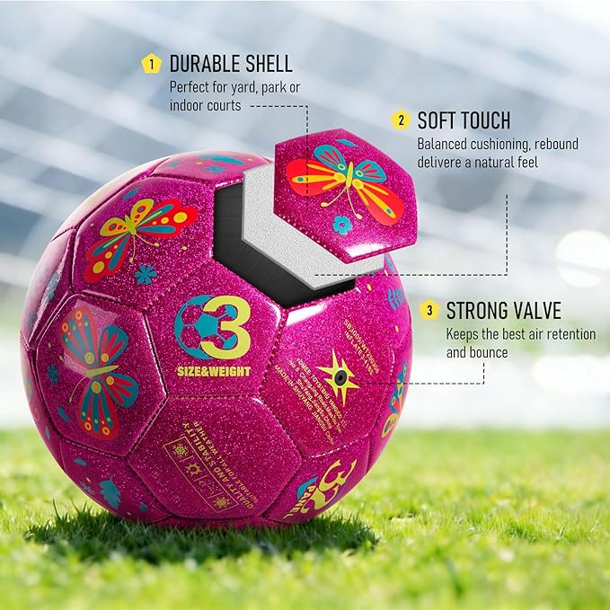 Richball Size 3 Soccer Ball Girls, Pink Kids Soccer Ball, Outdoor Activity for Toddlers Age 1-3 3-6, Christmas Birthday Present for Boys Pink Butterfly