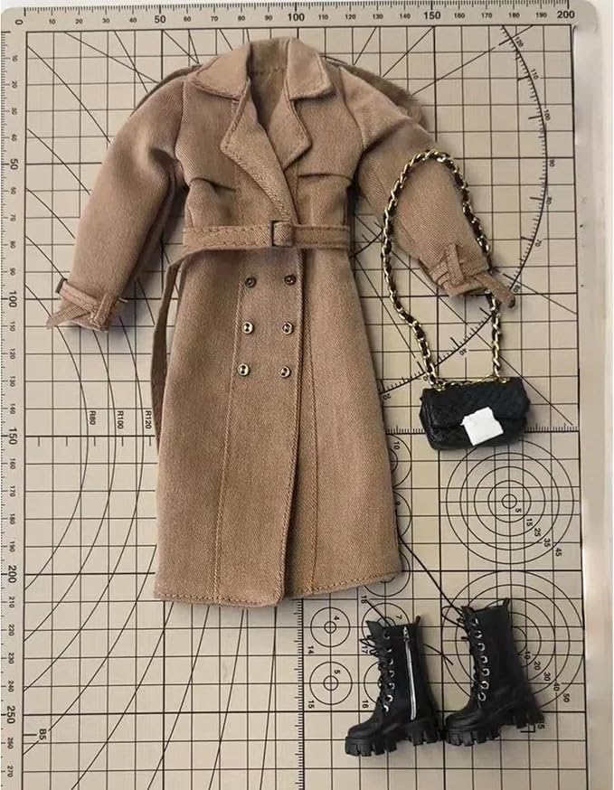 Classic Trench Coat Outfit Set for 11.5-12 Inch Fashion Dolls, Khaki Double-Breasted Coat with Belt, Quilted Handbag, Black Lace-Up Ankle Boots, 1/6 Scale Doll Accessories Miniature Couture