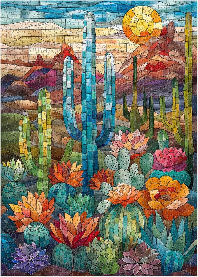 Cactus Puzzles for Adults 1000 Pieces and up, PICKFORU Stained Glass Puzzle Including Mosaic Art Cactus, Colorful Succulent Puzzles for Plant Lovers
