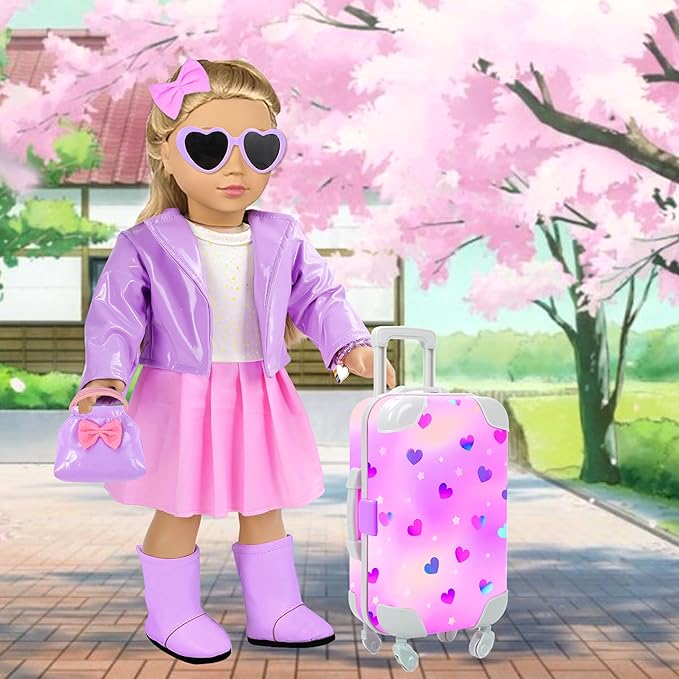 American 18 Inch Doll Accessories Case Luggage Travel Makeup Play Set With Clothes,Tote Bag,Sunglasses,Eye Shadow,Lipstick,Hairpin,Bracelets,Eyelash Brush For 18" Dolls Toy Stuff,No Doll And Shoes