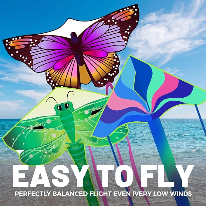 3 Pack Large Kites - Butterfly Delta Dragonfly Kites Easy to Fly for Adults Kids Beach Park Outdoor Game Activities, Gifts for Easter and Festival