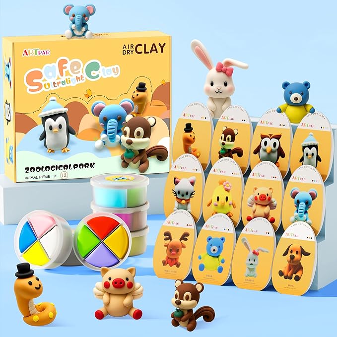 Air Dry Clay Kit for Kids-12 Animals Modeling Magic Clay,DIY Art Crafts Molding Clay Set,Ultra Light & Soft, Safe & Non-Stick with Sculpting Tools & Tutorials, Unique Gifts for Boys & Girls