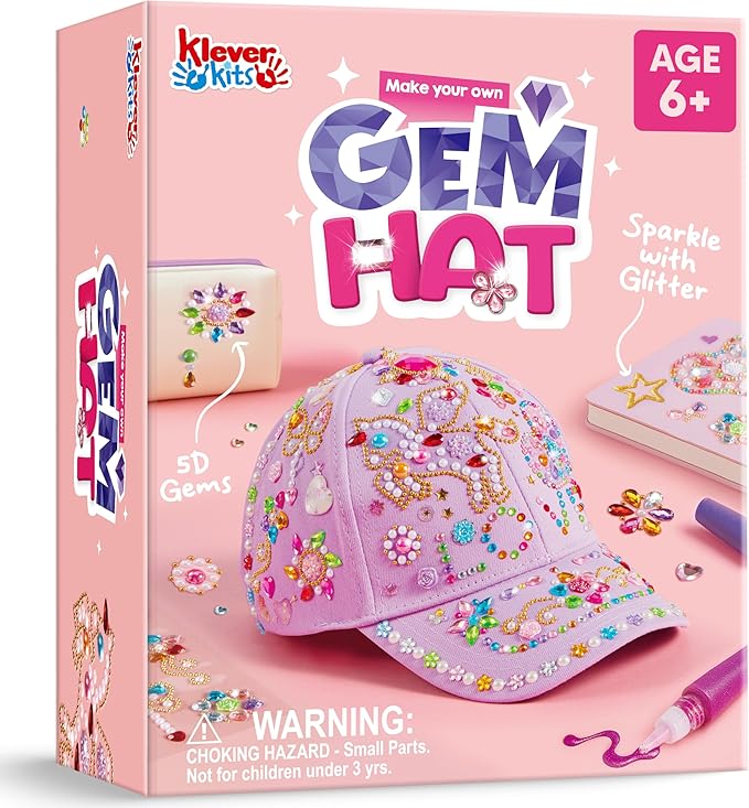 Klever Kits Gem Hat Kit for Girls, Decorate Your Own Baseball Cap with Gems Stickers, DIY Craft Kits for Kids Girls Toys Age 6-8