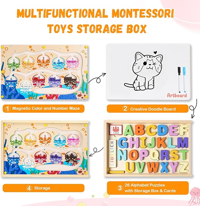 4-in-1 Magnetic Color and Number Maze Toys Box with Alphabet Puzzles Drawing Board, Wooden Storage Montessori Toy for 3-5 Year Old, Toddlers Educational Learning Toy Gifts for Kids Boys Girls