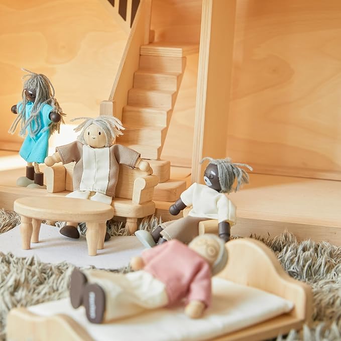 PlanToys® Grandfather Wooden Dollhouse Figurine | Poseable 1:12 Scale Mini Doll (Dark Skin Tone, 5 Inch) | Dollhouse Accessories for Pretend Play | Eco-Friendly Montessori Toy for Kids Ages 3+
