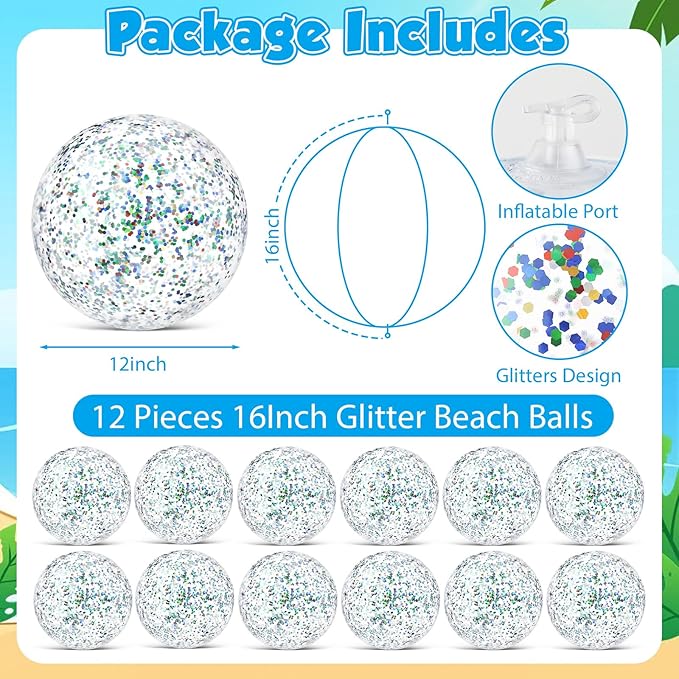 12 Pack Colorful Glitter Beach Balls 16" Large Inflatable Sparkly Confetti Pool Balls Glitter Pool Toys PVC Jumbo Sport Ball for Birthday Hawaiian Wedding Christmas Happy New Year Party Favor