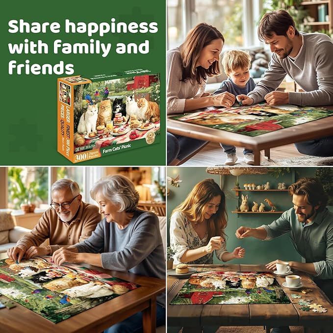 300 Piece Puzzles for Adults, Spring 300 Piece Puzzles for Adults Large Piece, Cats Having Picnic Jigsaw Puzzle Funny Gift for Adult Kids Challenging Family Games Toy, 20.5 X 15 in