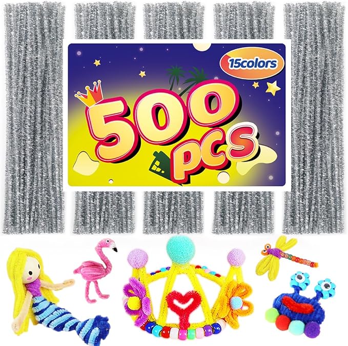 Bundooraking Pipe Cleaners, Pipe Cleaners Craft, Arts and Crafts, Crafts, Craft Supplies, Art Supplies (500 Silver Glitter Pipe Cleaners)…