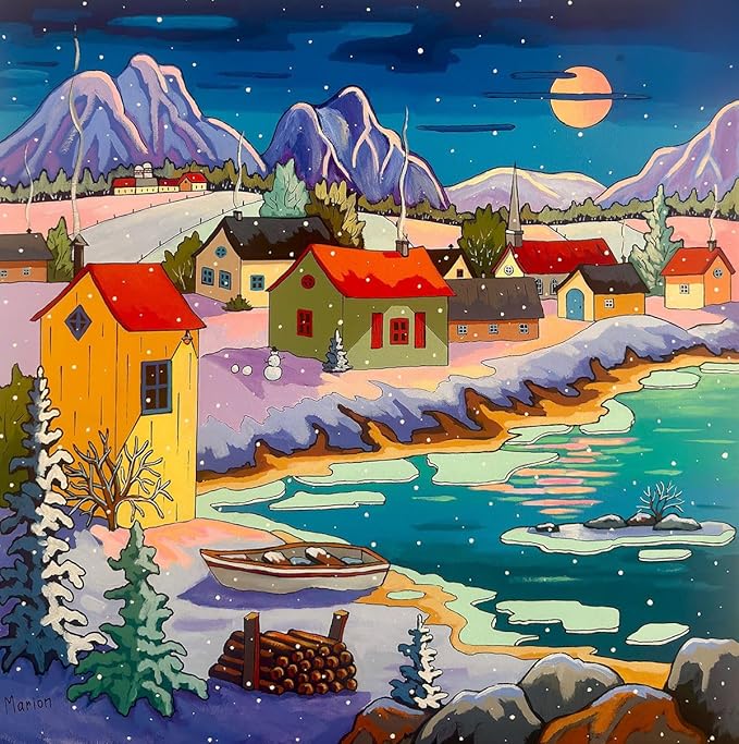 Springbok Moonlit Winter Village 500 Piece Puzzle for Adults - Peaceful Winter Puzzle Featuring a Cozy Snowy Village by a Moonlit Lake