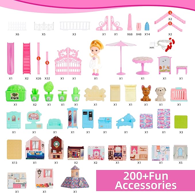 OCTERIC Doll House for Girls,13 Rooms Dollhouse with 2Dolls Figure, Lights, Puppies,Furnitures, Accessories, Toddler Playhouse Gift for for 3 4 5 6 7 8 9 10 Year Old Girls Toys (Pink)