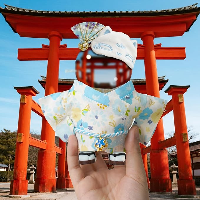 17cm Doll-Clothes-Set,Outfit Accessories Kimono Set for 6.7inch Dolls Boy, Kawaii Chic Style Flower Hairbow+Blue Clothing+Cute Mak+Clogs(NO Doll)