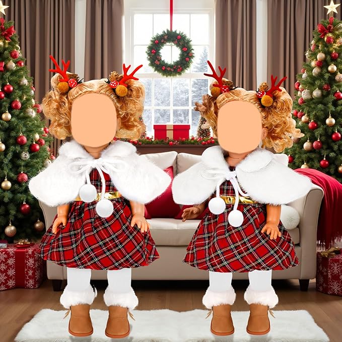 UPINS 18 Inch Doll Clothes and Accessories, Santa Costume Winter Doll Outfits Set Christmas Costume Playset Including Dress Fur Cape Tights Boots Hair Clips for Girls Gifts
