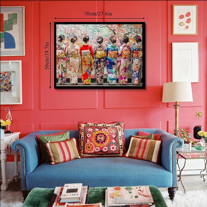PICKFORU Elegant Kimono Puzzles for Adults 1000 Pieces, Intage Cherry Blossom Geisha Puzzles, Colorful Unique Japanese Art Puzzle as Wall Decor