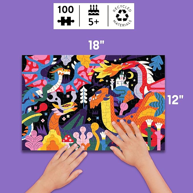 Mudpuppy Dragons – 100 Piece Glow in The Dark Jigsaw Puzzle with a Fantastical Scene of Fire Breathing Dragons and Hidden Medieval Details in The Dark