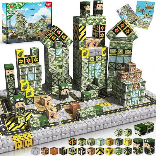 100PCS Magnetic Blocks - STEM Magnetic Building Blocks for Kids Military Construction Cube Toys Games, Educational Sensory Stacking Magnets Cube Toys for Kids Easter Birthday Gifts Boys & Girls