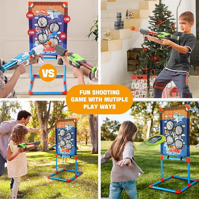 Shooting Games Toy with Player Air Guns, Shooting Target, 24 Foam Balls, Foam Darts, Oil-Tank Targets, Flying Discs, Shooting Target Toys Outdoor Game Toys for Christmas Birthday Gifts