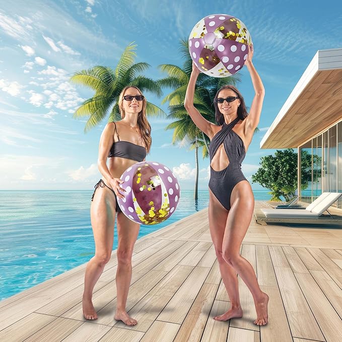 POZA Inflatable Beach Balls - Elegant Glitter Confetti Premium Floaters, Heavy Duty Vinyl Floatation Pool Toys for Pool Beach Party, UV Resistant Pool Décor