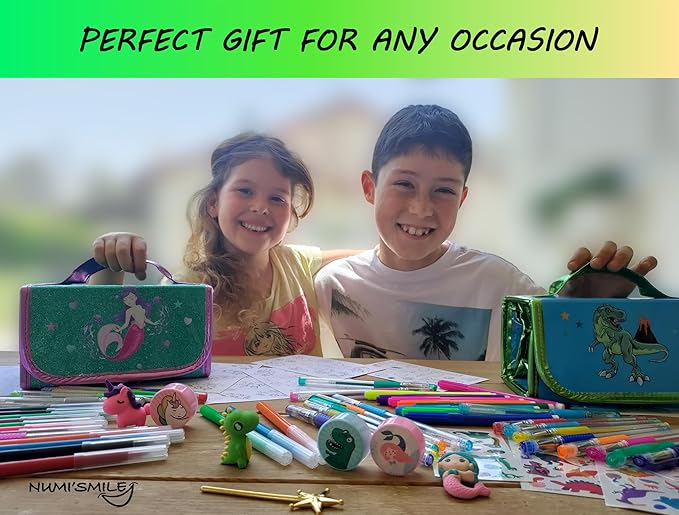 NUMI'SMILE Dinosaur Pencil Case with Fruit Scented Markers Art Set, Dinosaur Gifts for Boys Ages 3 4 5 6 7 8 9 Years and Up, Dinosaur Toys, Dino Coloring Art Supplies, Birthday Boy Present & Kids